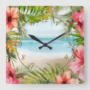 Tropisch eiland Paradise Palms   Hibiscus Flowers Vierkante Klok