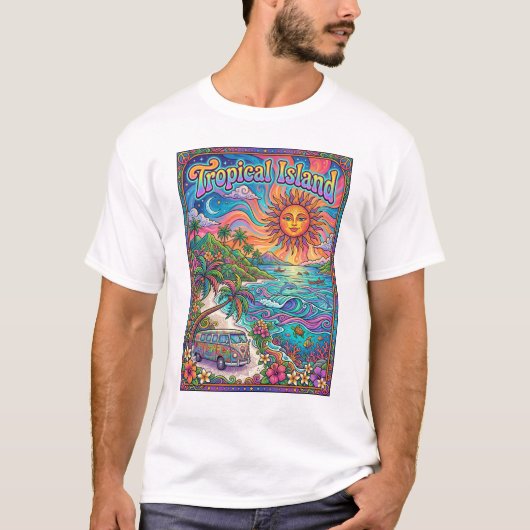 tropisch eiland psychedelische hippie stijl ontwer t-shirt (Voorkant)