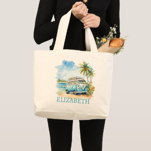 Tropisch Eiland Retro Blauwe Bus Grote Tote Bag