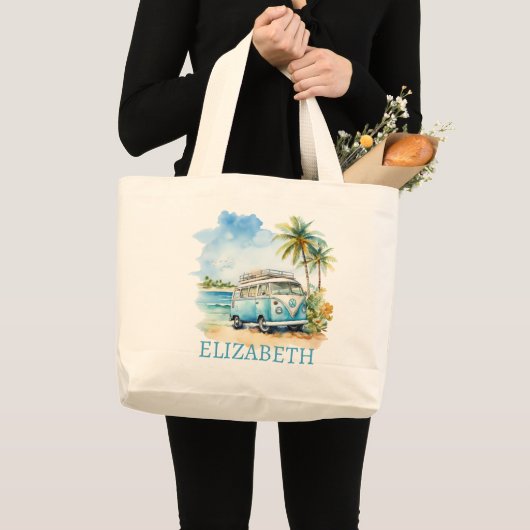 Tropisch Eiland Retro Blauwe Bus Grote Tote Bag (Voorkant (product))