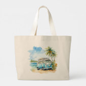Tropisch Eiland Retro Blauwe Bus Grote Tote Bag (Achterkant)
