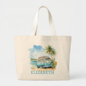 Tropisch Eiland Retro Blauwe Bus Grote Tote Bag (Voorkant)