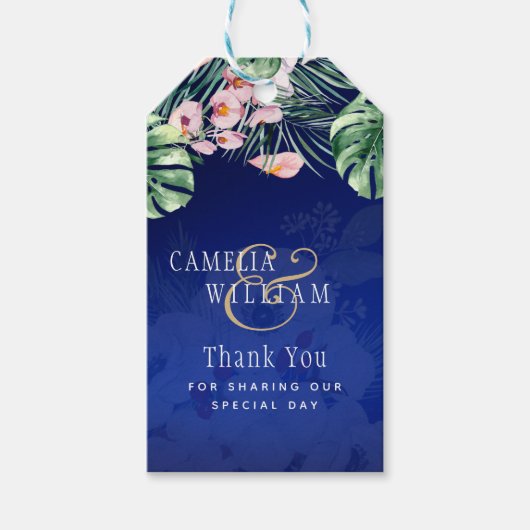 Tropisch Eiland Royal Blue Bloemen Bladeren Bruilo Cadeaulabel (Voorkant)
