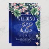 Tropisch eiland Royal Blue Flowers Leaves Wedding Kaart (Voorkant / Achterkant)