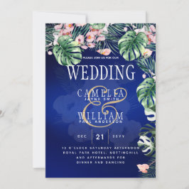 Tropisch eiland Royal Blue Flowers Leaves Wedding Kaart