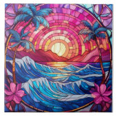 Tropisch eiland roze zonsondergang Glas in lood ku Tegeltje (Voorkant)