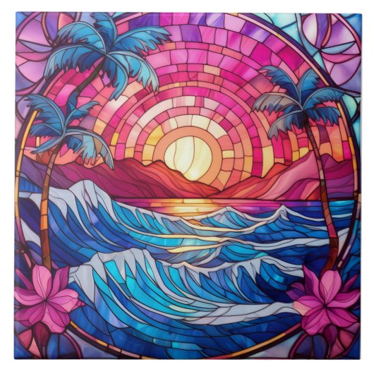 Tropisch eiland roze zonsondergang Glas in lood ku Tegeltje (Voorkant)