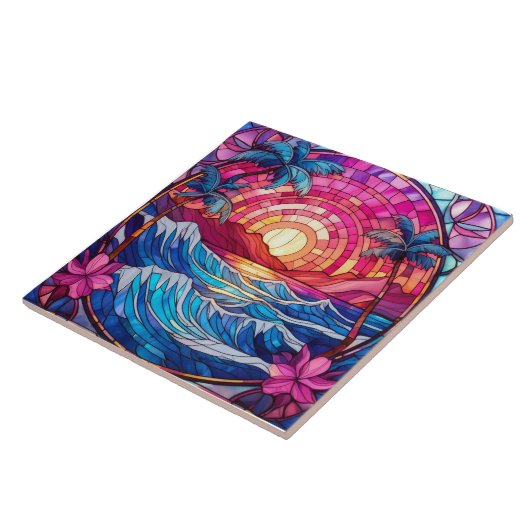 Tropisch eiland roze zonsondergang Glas in lood ku Tegeltje (Zijkant)