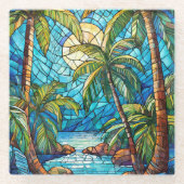 Tropisch eiland 's nachts Glas in lood kunst Glazen Onderzetter (Voorkant)