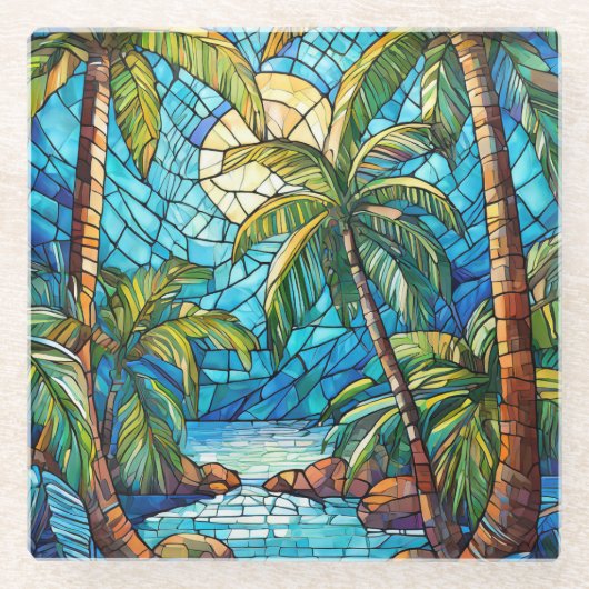 Tropisch eiland 's nachts Glas in lood kunst Glazen Onderzetter (Voorkant)