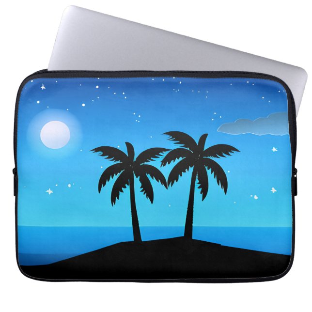 Tropisch eiland silhouet met maan en sterren laptop sleeve (Voorkant)
