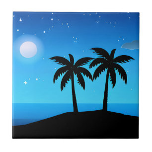 Tropisch eiland silhouet met maan en sterren tegeltje