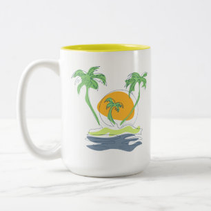 Tropisch eiland strand landschap. Omtrek palmboom Tweekleurige Koffiemok