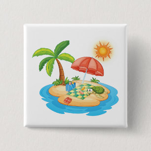 Tropisch Eiland Strand Schildpad Palm Boom Picknic Vierkante Button 5,1 Cm