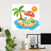 Tropisch Eiland Strand Schildpad Palmboom Picknick Poster (Thuiskantoor)