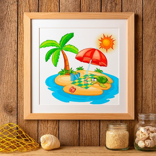 Tropisch Eiland Strand Schildpad Palmboom Picknick Poster