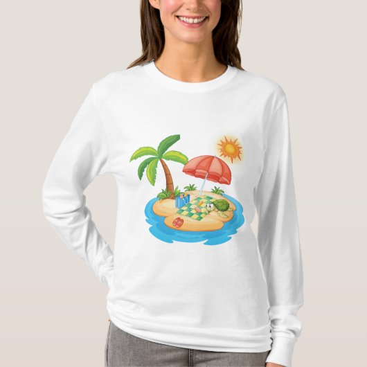 Tropisch eiland strand schildpad palmboom picknick t-shirt (Voorkant)