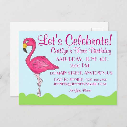 Tropisch Eiland Vogel Roze Flamingo Verjaardagsfee Uitnodiging Briefkaart (Voorkant / Achterkant)