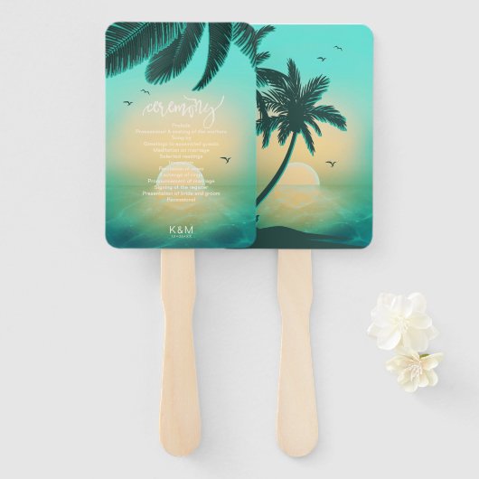 Tropisch Eiland Zonsopgang Trouwceremonie Teal ID5 Handwaaier (Voorkant en achterkant)