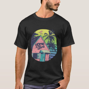 Tropisch Eilandhuis Retro Zonsondergang Kunst T-shirt