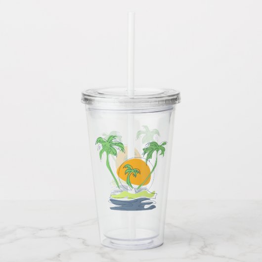 Tropisch eilandstrand. Straalboom omtrekken Acryl Drinkbeker (Voorkant)