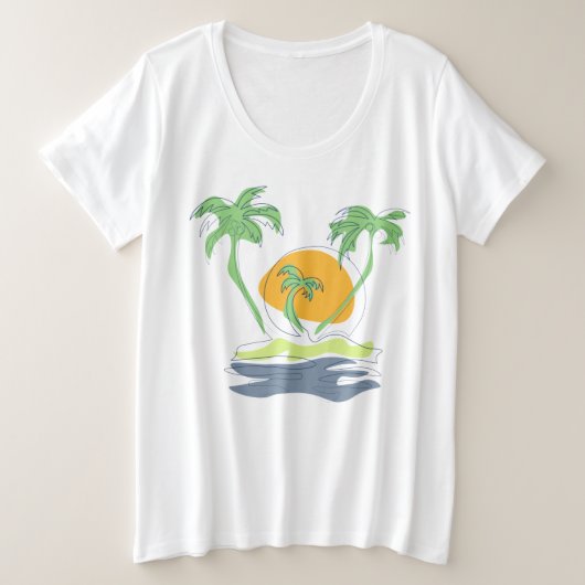 Tropisch eilandstrand. Straalboom omtrekken Grote Maat T-shirt (Design voorkant)