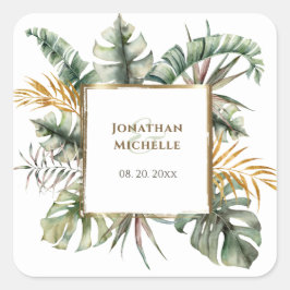 Tropisch Elegant Green Gold Palms Wedding Vierkante Sticker