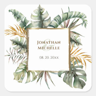 Tropisch Elegant Green Gold Palms Wedding Vierkante Sticker