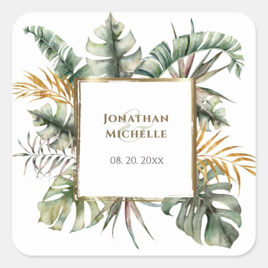 Tropisch Elegant Green Gold Palms Wedding Vierkante Sticker (Voorkant)