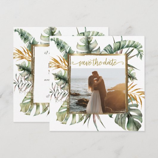 Tropisch Elegant Palms Gold Lijst Foto Save The Date (Voorkant / Achterkant)