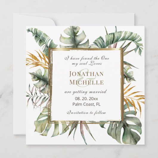 Tropisch Elegant Palms Gold Lijst Foto Save The Date (Achterkant)