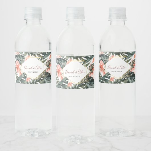 Tropisch en Goud Bruiloft Bloemen Water Label Waterfles Etiket (Flessen)