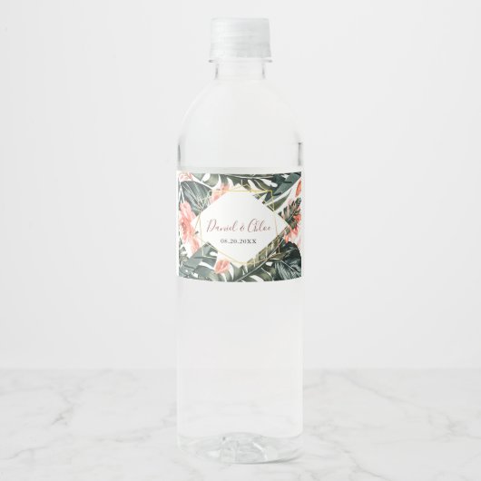 Tropisch en Goud Bruiloft Bloemen Water Label Waterfles Etiket (Voorkant)