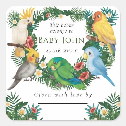 Tropisch exotisch baby Wild Parrots Baby shower Sq Vierkante Sticker (Voorkant)