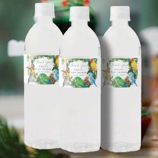 Tropisch exotisch baby Wild Parrots Baby shower Sq Waterfles Etiket