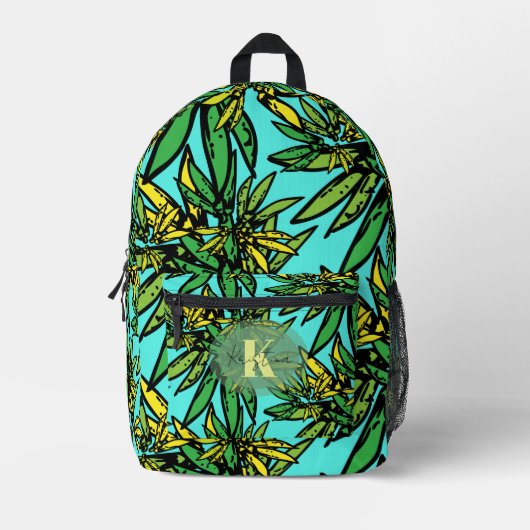Tropisch Exotisch Groen Geel Bladeren op Turquoise Bedrukte Rugzak (Voorkant)