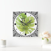 Tropisch exotisch groen monstera verlaat waterverf vierkante klok (Huis)