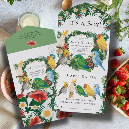 Tropisch Exotisch mooi Baby shower van Parrots All In One Uitnodiging