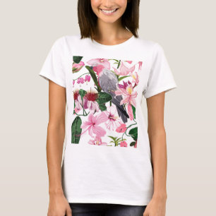 Tropisch exotisch patroon met papegaai en bloemen t-shirt