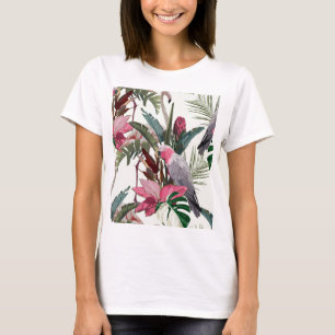 Tropisch exotisch patroon met papegaai, flamingo t-shirt