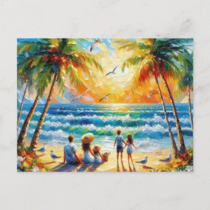Tropisch familie strand zonsondergang olieverfschi briefkaart