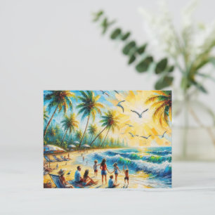 Tropisch familie strand zonsondergang olieverfschi briefkaart