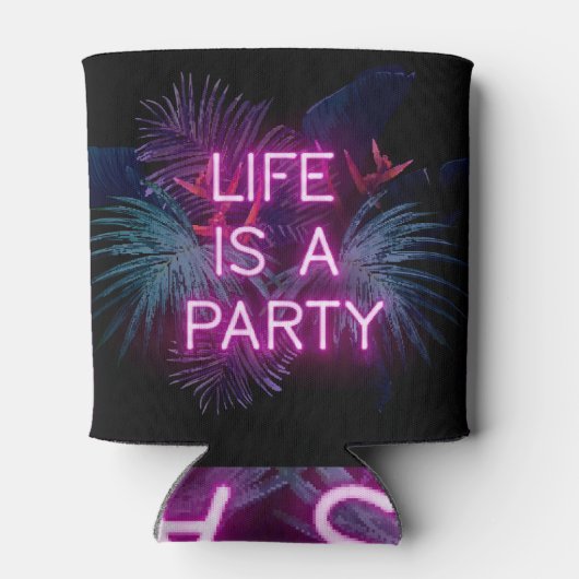 Tropisch feest, neon palmbladeren. blikjeskoeler (Achterkant)