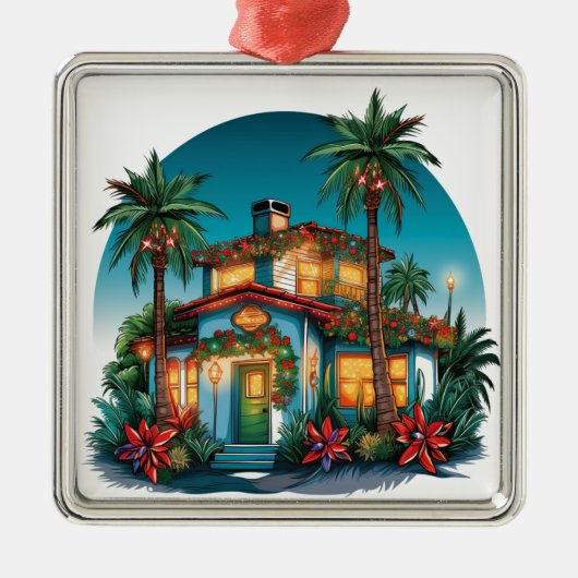 TROPISCH FEESTELIJK KERSTSTRANDHUIS METALEN ORNAMENT (Voorkant)
