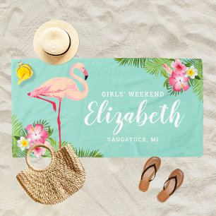 Tropisch Flamingo Aqua Meisjes Weekend Naam Strandlaken