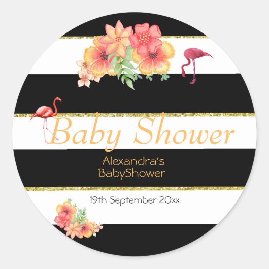 Tropisch Flamingo Black Stripe Baby shower Ronde Sticker (Voorkant)