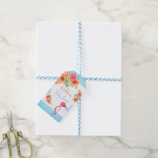 Tropisch Flamingo Blue Stripe Baby shower Cadeaulabel (Met Touw)