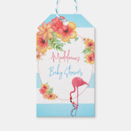Tropisch Flamingo Blue Stripe Baby shower Cadeaulabel