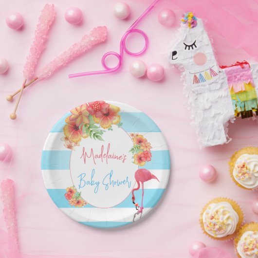 Tropisch Flamingo Blue Stripe Baby shower Papieren Bordje (Feest)