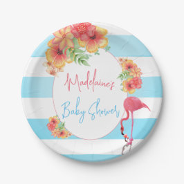 Tropisch Flamingo Blue Stripe Baby shower Papieren Bordje